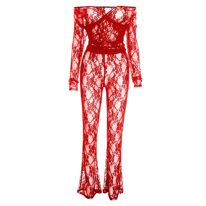 Off shoulder long sleeve lace see through pant set  | Festival Outfits Women