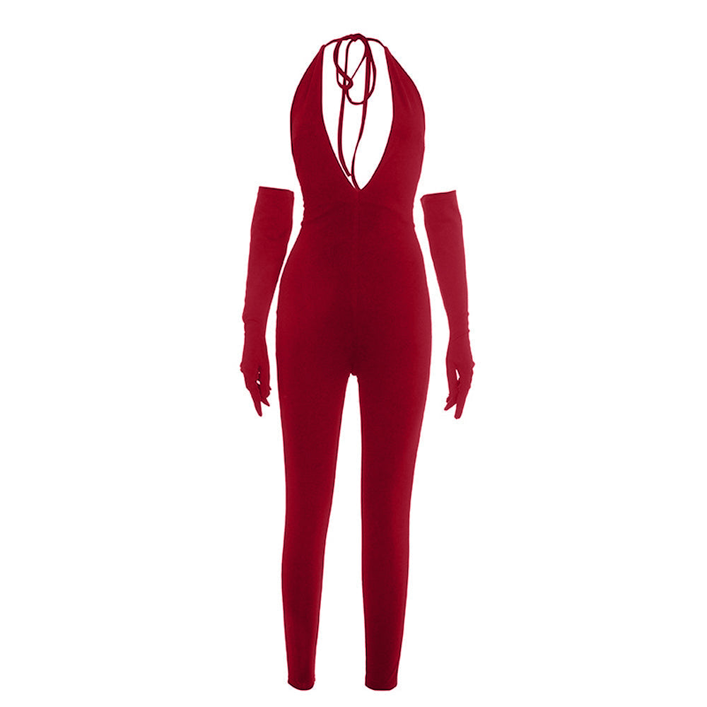 Halter self tie deep v neck backless jumpsuit  | Festival Outfits Women