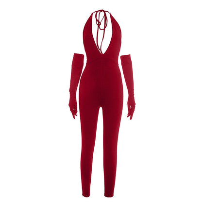 Halter self tie deep v neck backless jumpsuit  | Festival Outfits Women