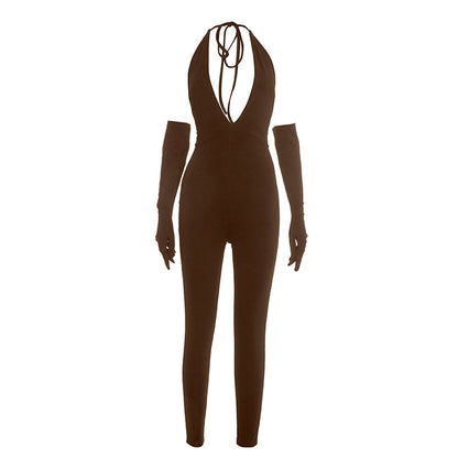 Halter self tie deep v neck backless jumpsuit  | Festival Outfits Women
