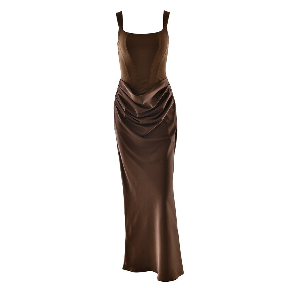 Ruched u neck backless solid cami maxi dress  | Festival Outfits Women