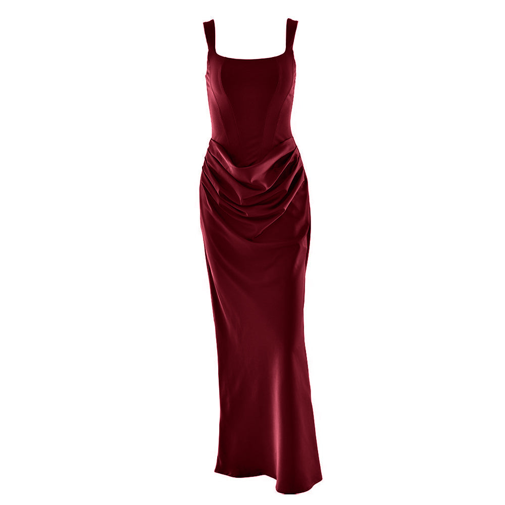 Ruched u neck backless solid cami maxi dress  | Festival Outfits Women