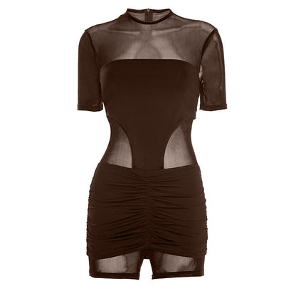 Ruched mesh crewneck short sleeve zip-up romper  | Festival Outfits Women