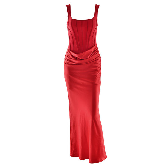 Ruched square neck backless satin cami maxi dress  | Festival Outfits Women