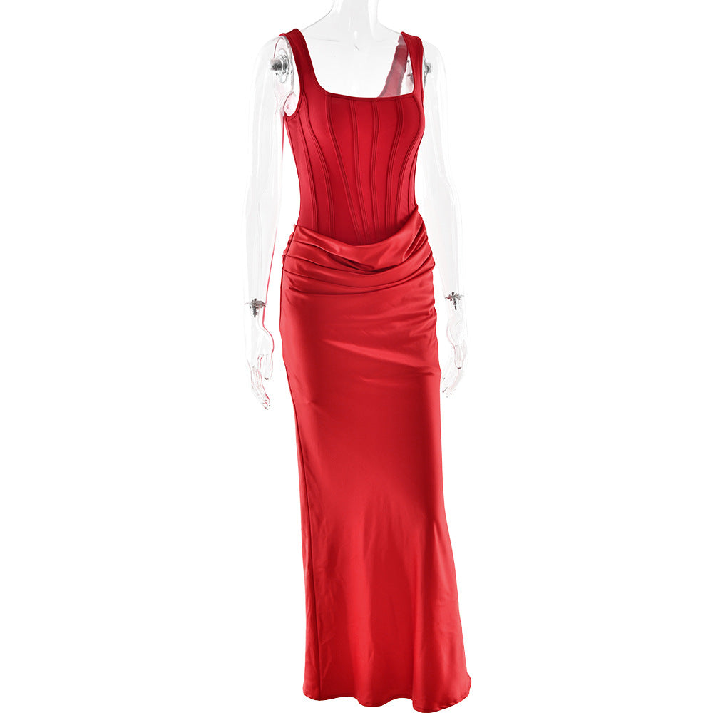 Ruched square neck backless satin cami maxi dress  | Festival Outfits Women