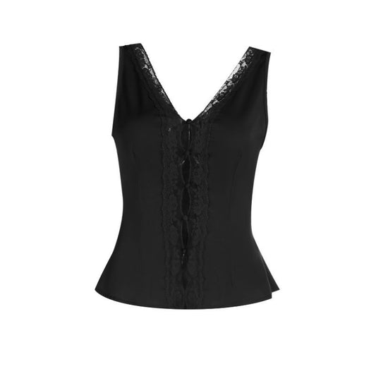 Lace hem v neck self tie hollow out satin top  | Festival Outfits Women
