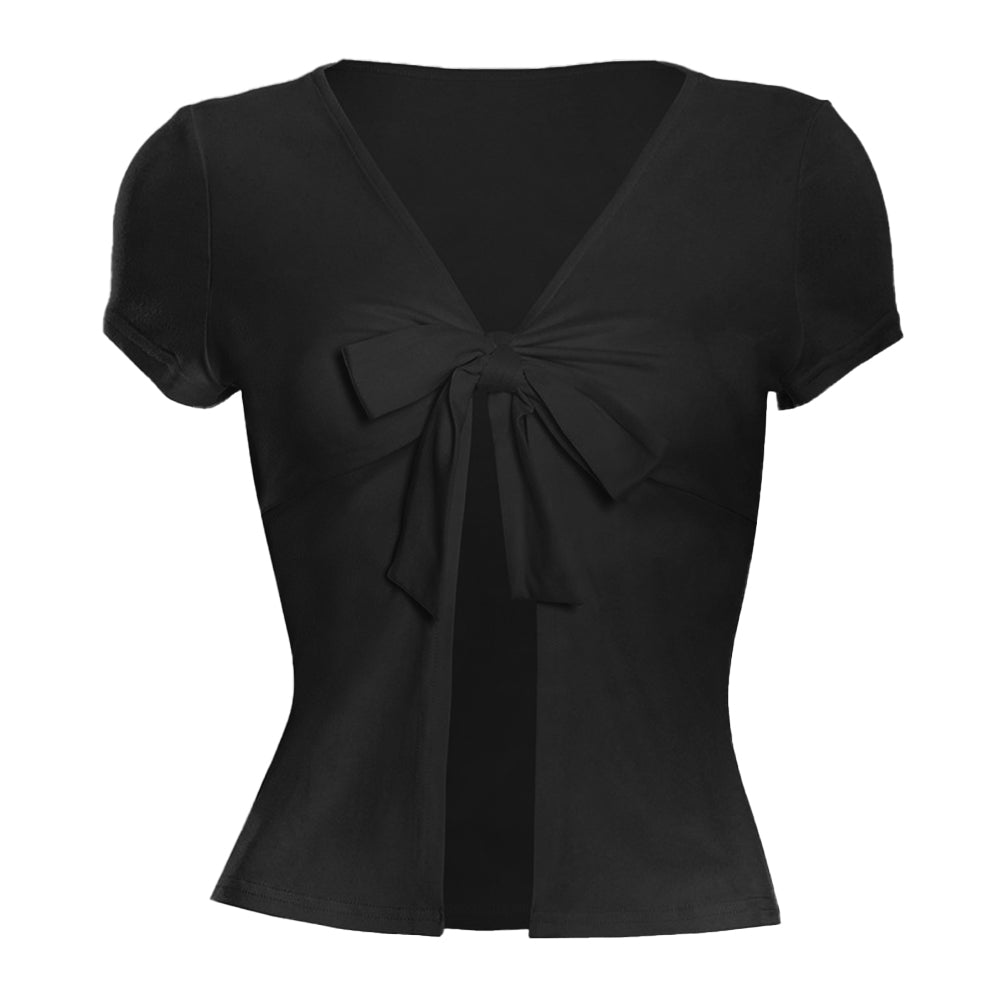 Short sleeve v neck self tie solid crop top  | Festival Outfits Women