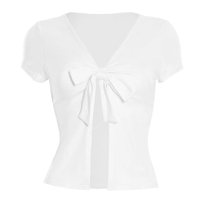 Short sleeve v neck self tie solid crop top  | Festival Outfits Women