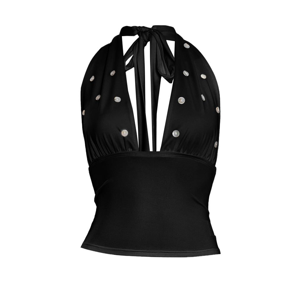 Self tie halter button applique backless top  | Festival Outfits Women