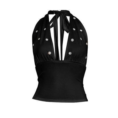 Self tie halter button applique backless top  | Festival Outfits Women
