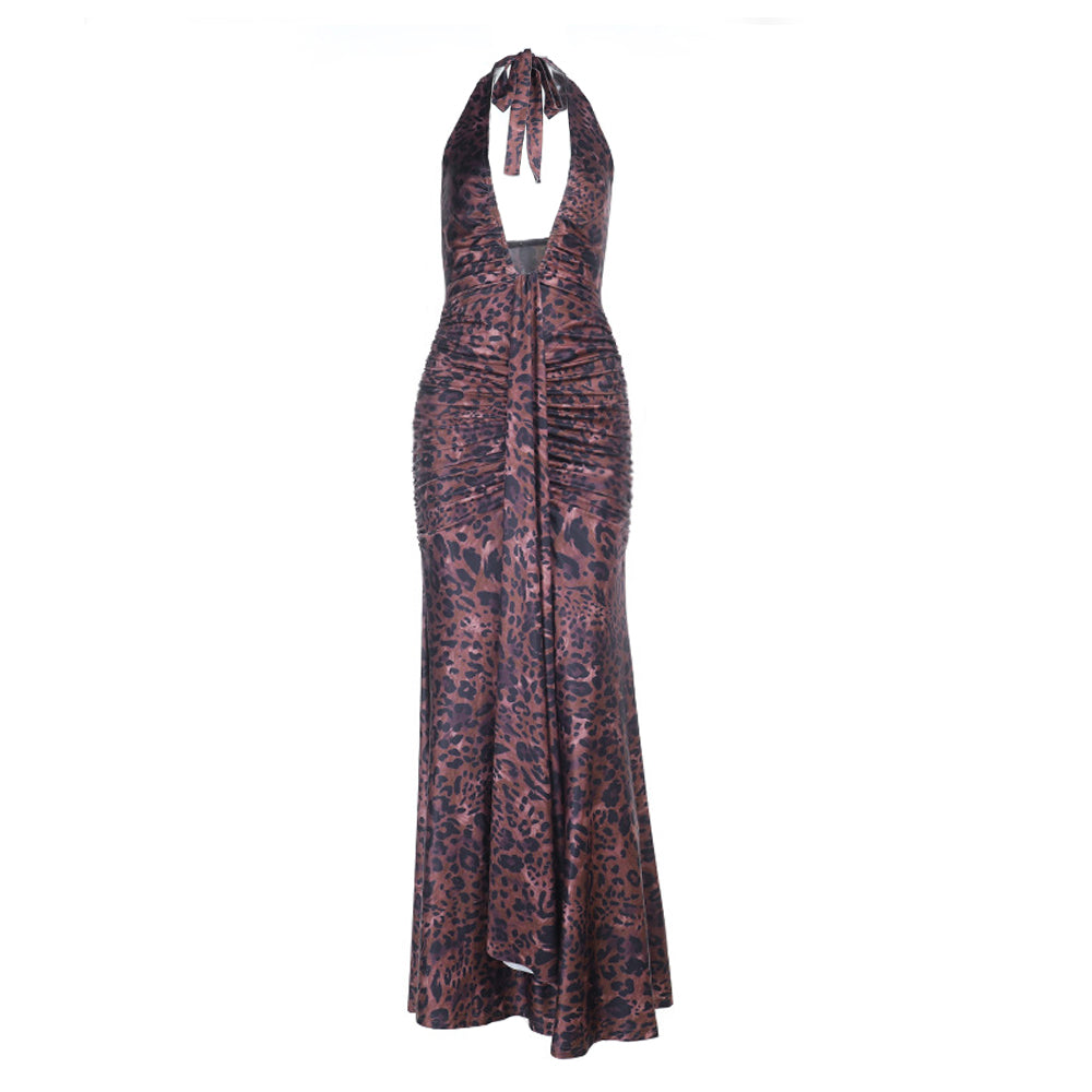 Leopard print ruched halter self tie v neck maxi dress  | Festival Outfits Women