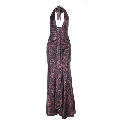 Leopard print ruched halter self tie v neck maxi dress  | Festival Outfits Women
