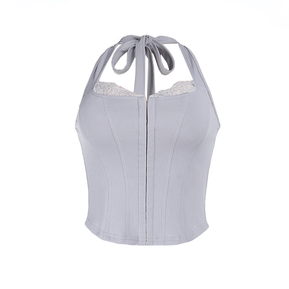 Lace hem self tie halter corset backless top  | Festival Outfits Women