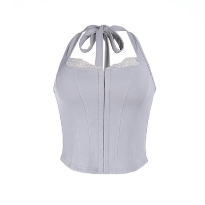 Lace hem self tie halter corset backless top  | Festival Outfits Women