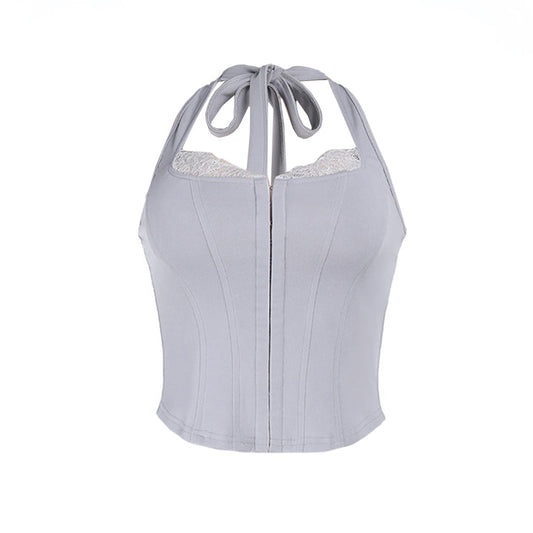 Lace hem self tie halter corset backless top  | Festival Outfits Women