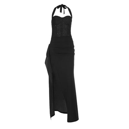 Irregular pleated slit halter self tie maxi dress  | Festival Outfits Women