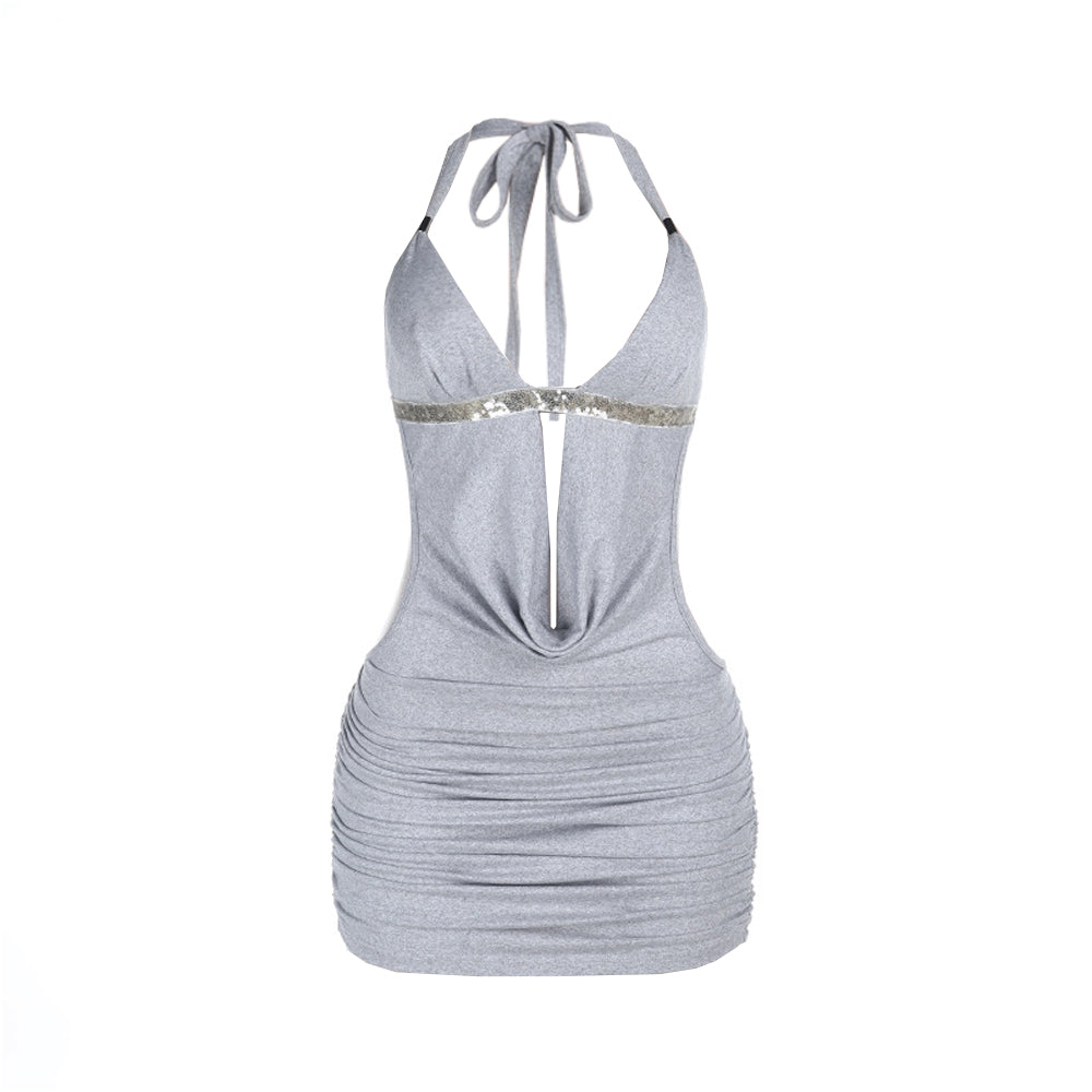 Halter self tie glitter ruched v neck hollow out mini dress  | Festival Outfits Women