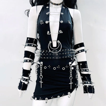 Hollow out o ring metal chain irregular mini skirt set  | Festival Outfits Women