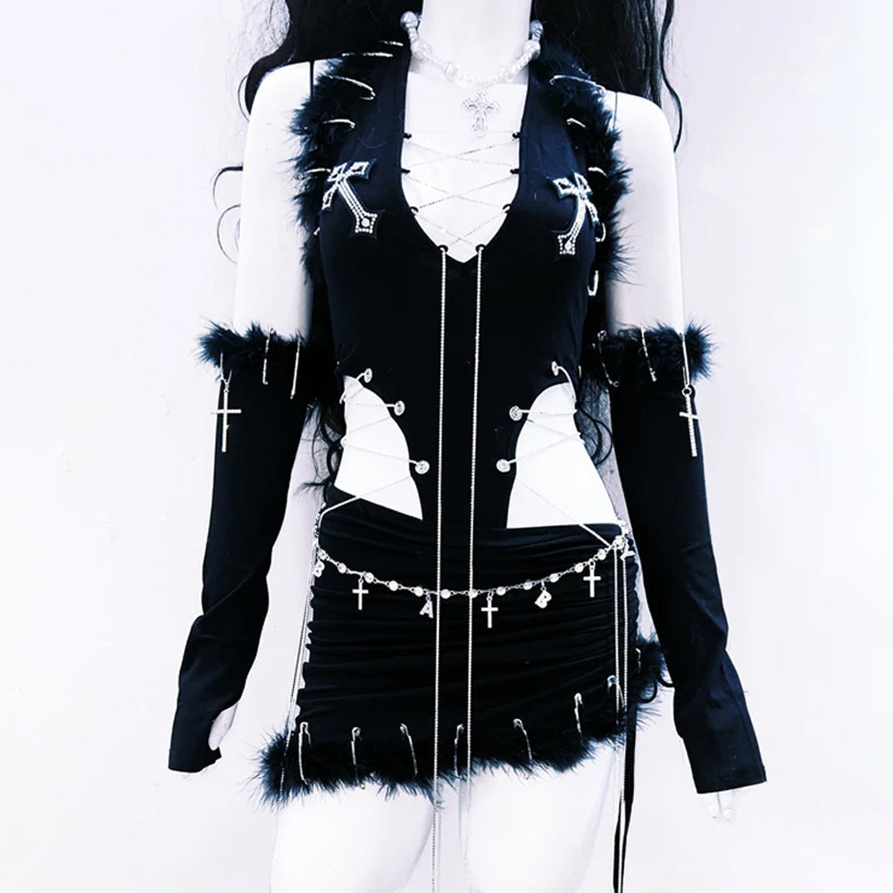 Metal chain v neck halter fluffy mini skirt set  | Festival Outfits Women