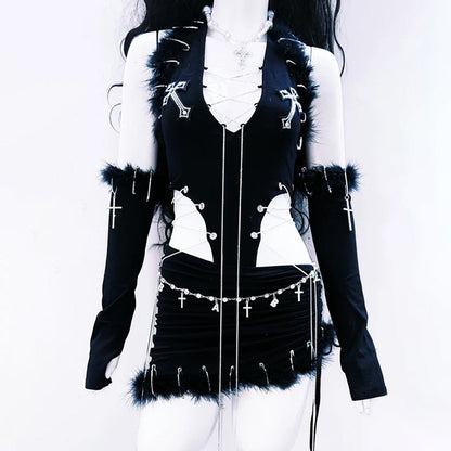 Metal chain v neck halter fluffy mini skirt set  | Festival Outfits Women