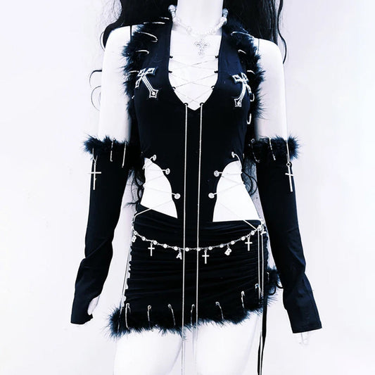 Metal chain v neck halter fluffy mini skirt set  | Festival Outfits Women