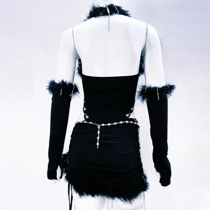 Metal chain v neck halter fluffy mini skirt set  | Festival Outfits Women