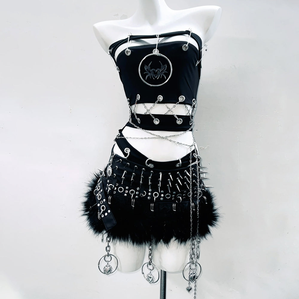 Hollow out metal chain o ring backless tube bodysuit  | Festival Outfits Women