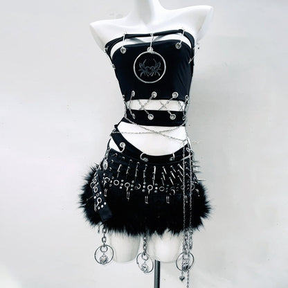 Hollow out metal chain o ring backless tube bodysuit  | Festival Outfits Women