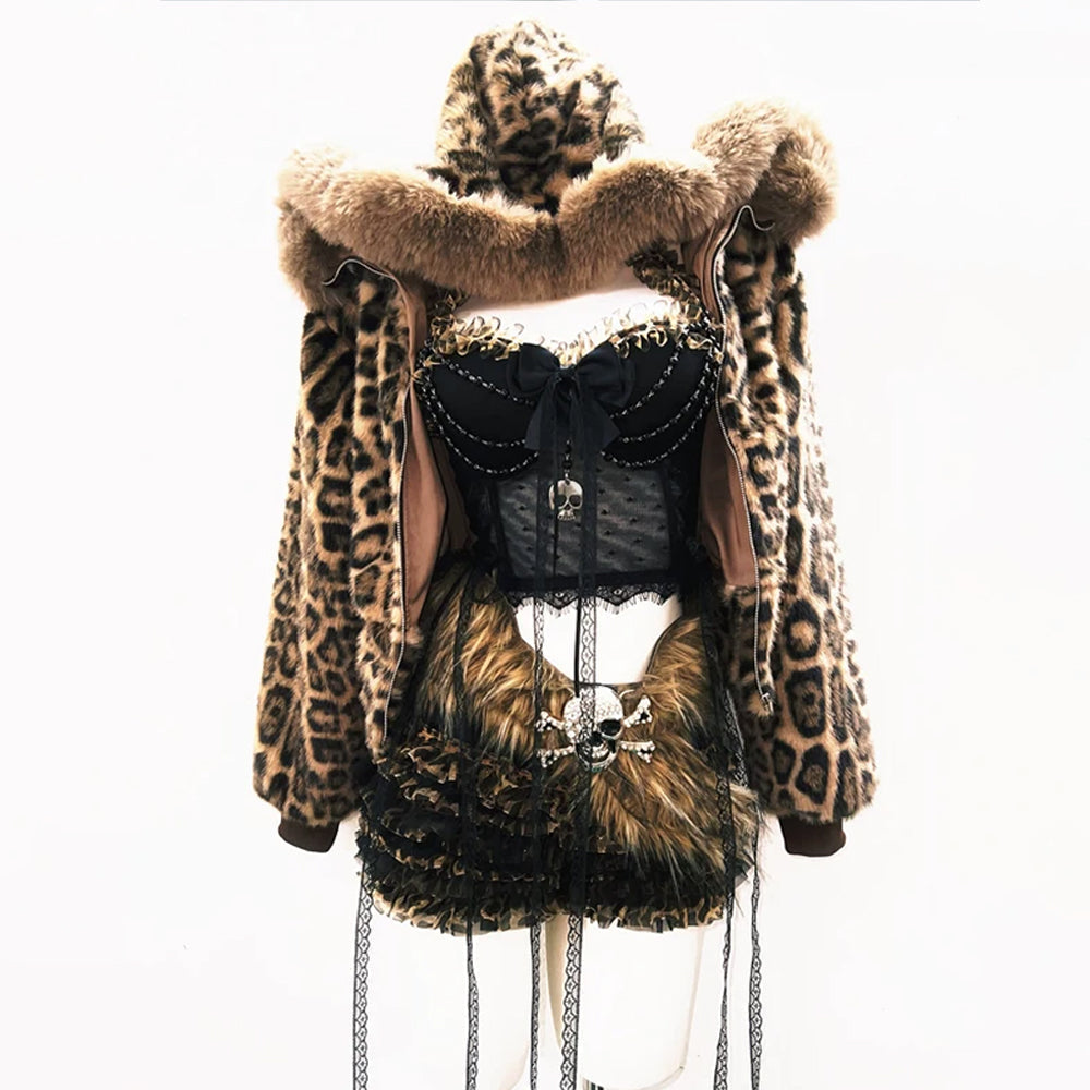 Leopard print long sleeve hoodie fluffy bowknot top  | Cheetah Print Top  | Festival Outfits Women