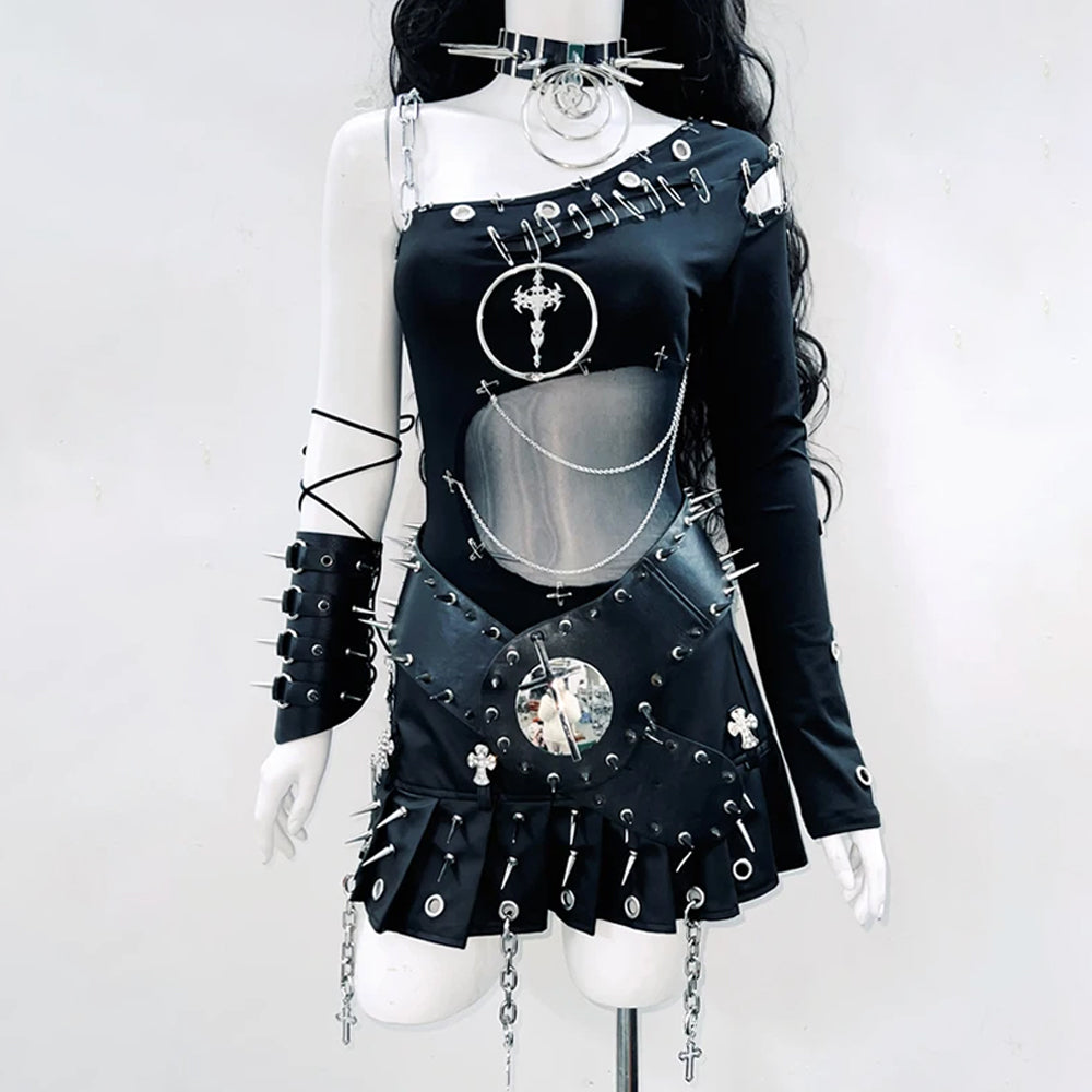 Irregular o ring metal chain long sleeve hollow out bodysuit  | Festival Outfits Women