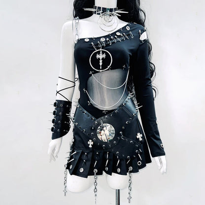 Irregular o ring metal chain long sleeve hollow out bodysuit  | Festival Outfits Women