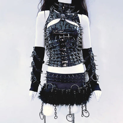 PU leather hollow out rivet applique high neck top  | Festival Outfits Women