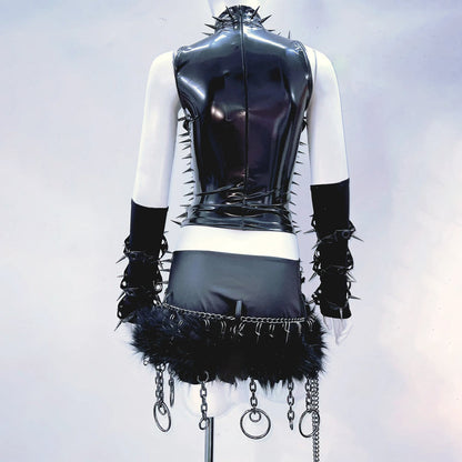 PU leather hollow out rivet applique high neck top  | Festival Outfits Women
