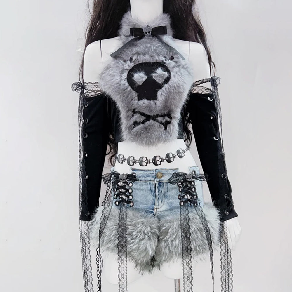 Fluffy bowknot long sleeve lace hem halter top  | Festival Outfits Women