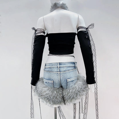 Fluffy bowknot long sleeve lace hem halter top  | Festival Outfits Women