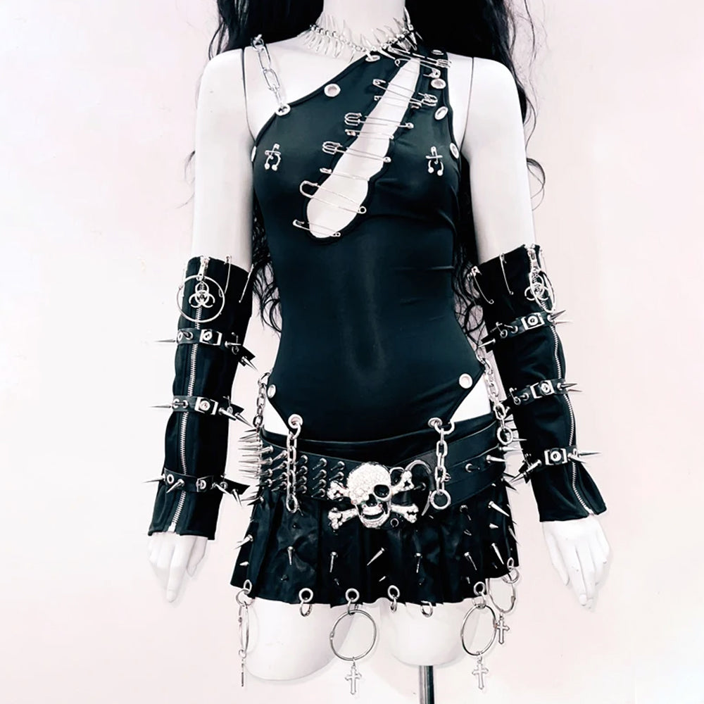 Irregular hollow out metal chain backless bodysuit  | Festival Outfits Women