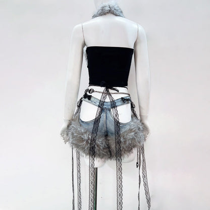 Bowknot fluffy halter skull pattern backless top  | Festival Outfits Women