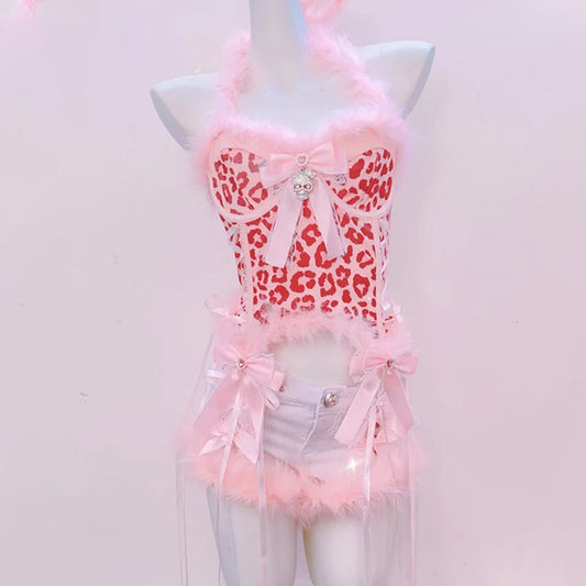 Leopard print bowknot halter fluffy backless top  | Cheetah Print Top  | Festival Outfits Women