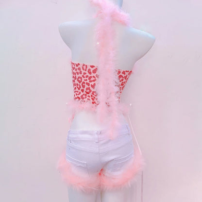 Leopard print bowknot halter fluffy backless top  | Cheetah Print Top  | Festival Outfits Women