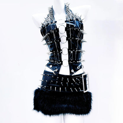 Halter o ring hollow out rivet applique PU leather top  | Festival Outfits Women
