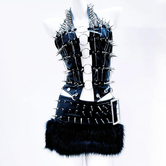 Halter o ring hollow out rivet applique PU leather top  | Festival Outfits Women