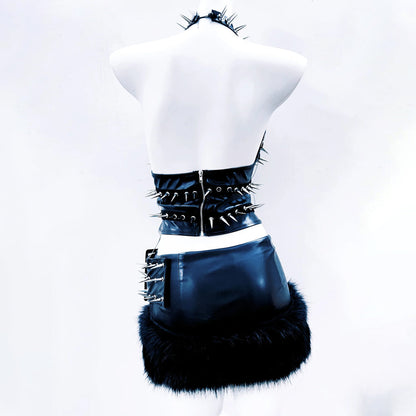 Halter o ring hollow out rivet applique PU leather top  | Festival Outfits Women