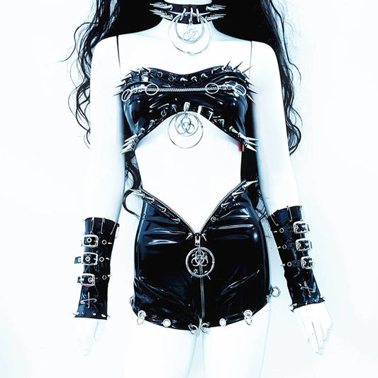 PU leather zip-up o ring rivet applique tube top  | Festival Outfits Women