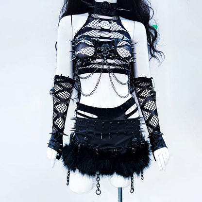 Crewneck hollow out metal chain skull applique top  | Festival Outfits Women