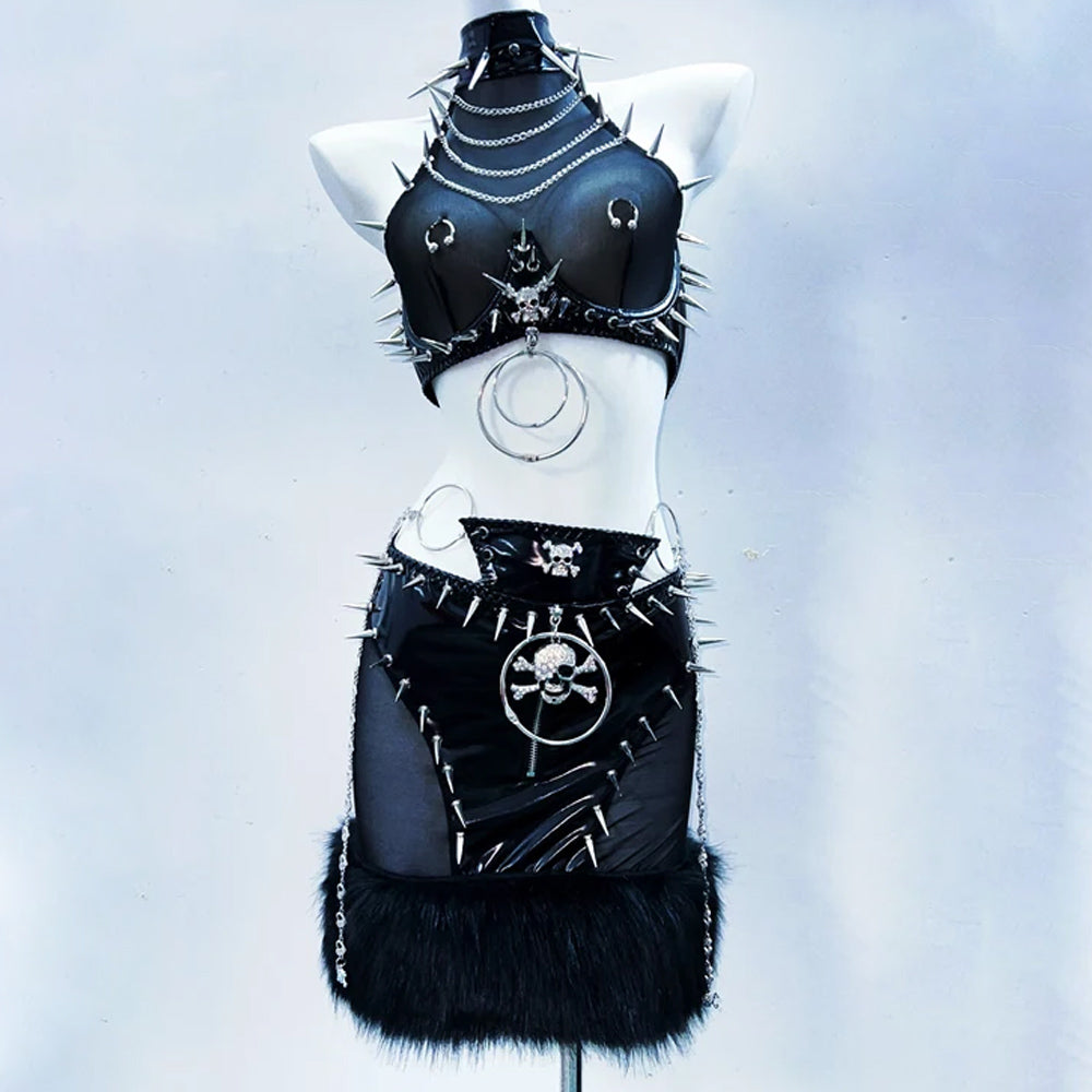 Halter metal chain see through rivet applique mini skirt set  | Festival Outfits Women
