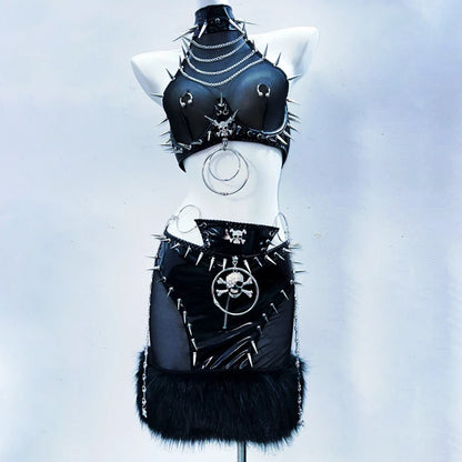 Halter metal chain see through rivet applique mini skirt set  | Festival Outfits Women