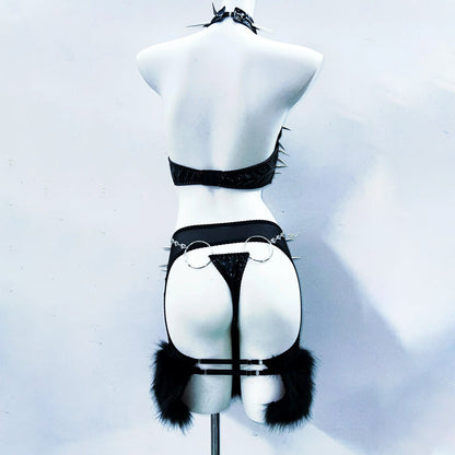 Halter metal chain see through rivet applique mini skirt set  | Festival Outfits Women