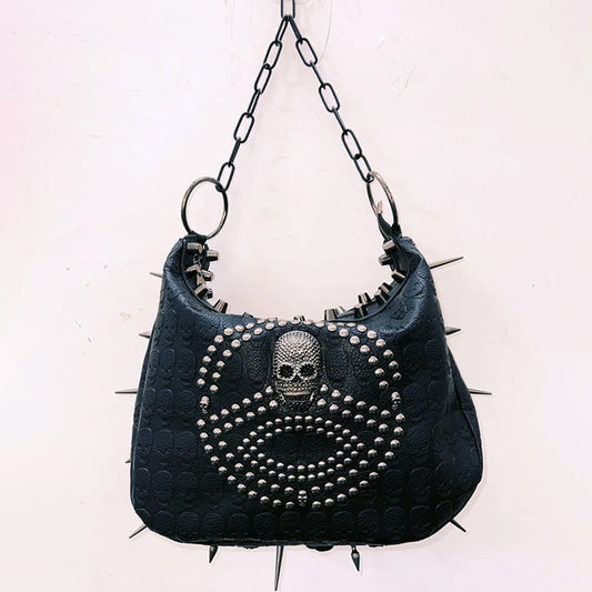 Metal chain o ring skull applique zip-up handbag  | Festival Outfits Women