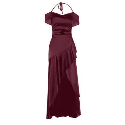 Satin slit ruffle halter self tie ruched midi dress  | Festival Outfits Women