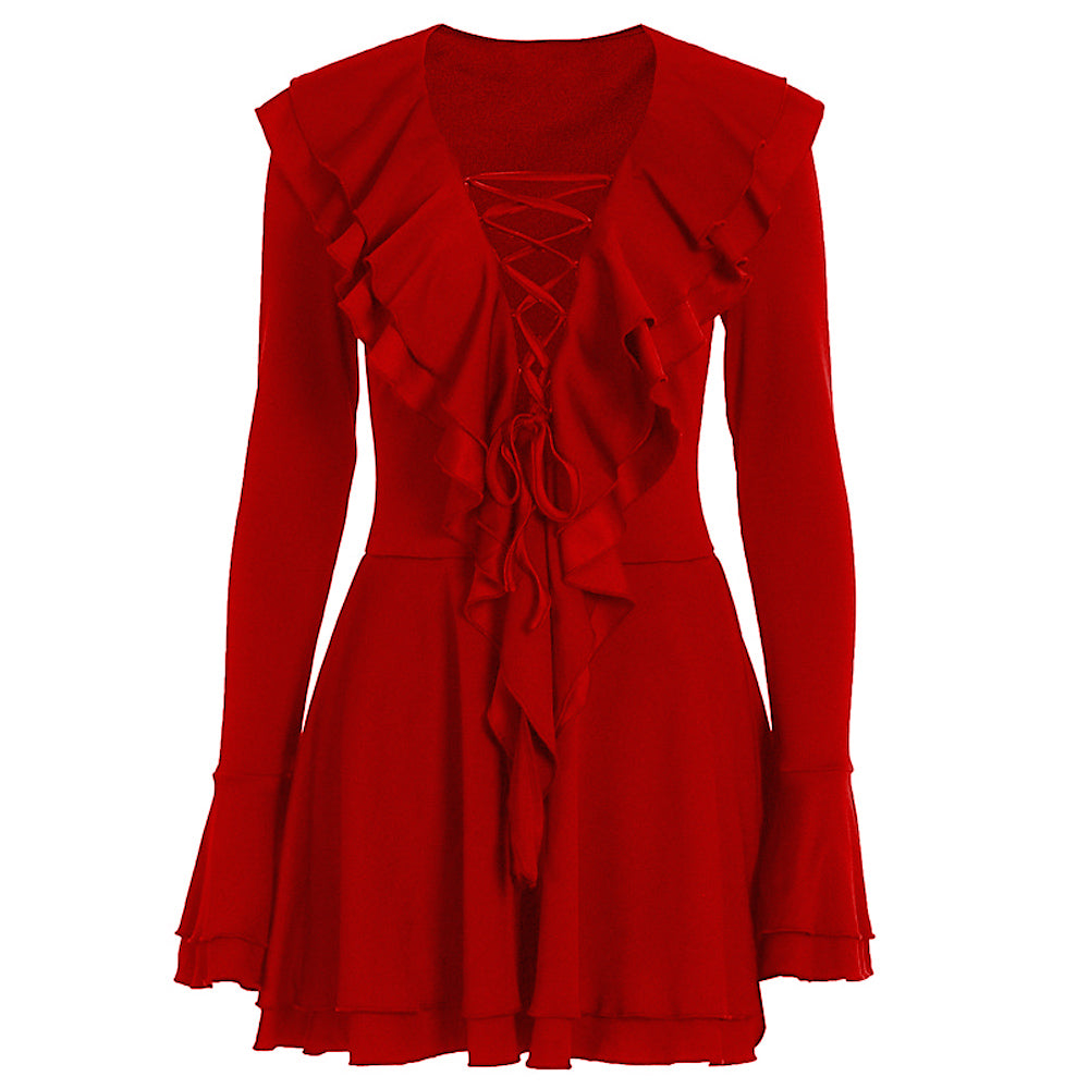 Long flared sleeve ruffle lace up solid mini dress  | Festival Outfits Women